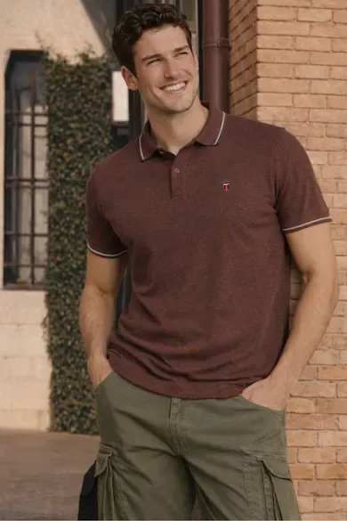 Men Brown Solid Polo Neck T-shirt