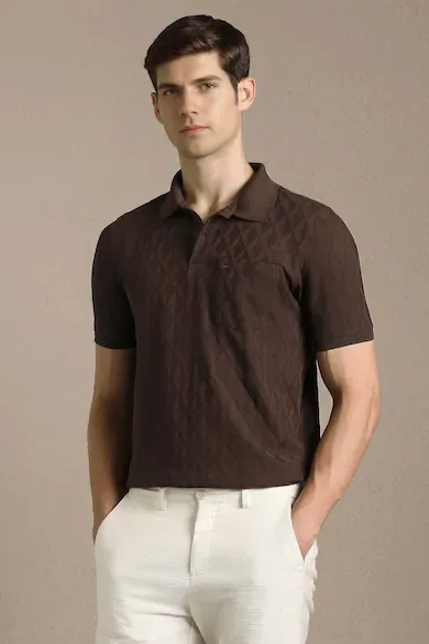 Men Brown Textured Polo Neck T-shirt