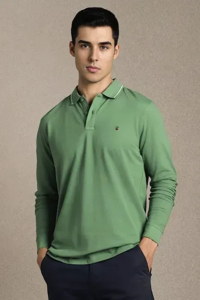 Men Green Solid Polo Neck T-shirt