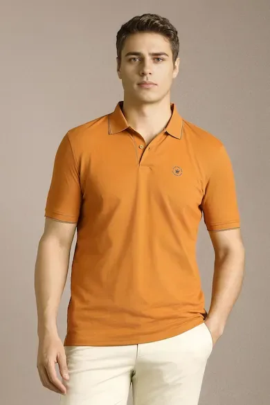 Men Orange Solid Polo Neck T-shirt