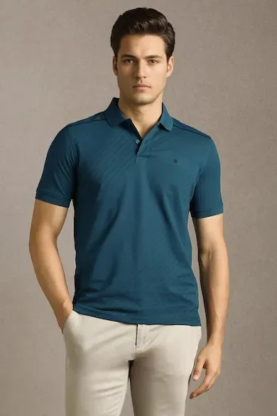 Men Teal Patterned Polo Neck Golf Leisure T-shirt