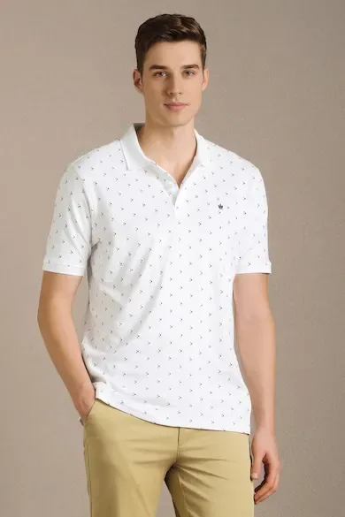 Men White Print Polo Neck T-shirt