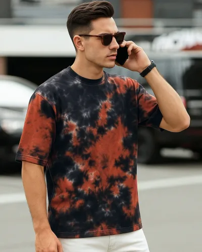 Men's Black & Orange Tie & Dye Oversized T-shirt