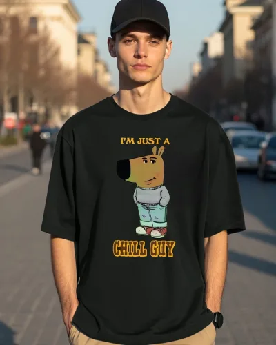 Men's Black Chill Guy Graphic Printed Oversized T-shirt