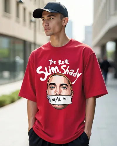 Men's Red Real Slim Shady Graphic Printed Oversized T-shirt