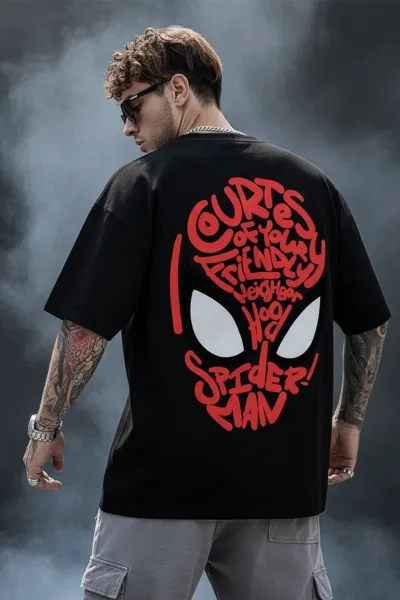 Spiderman Black Oversized Back Typography Printed T-shirt