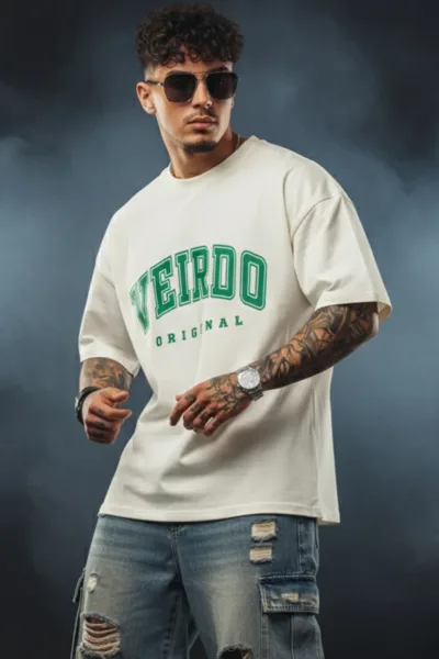 Veirdo Original Beige Oversized Typography Brand Printed T-shirt