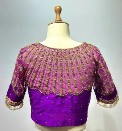 Netted handwork blouse with zardosi & bead work and danglers for sleeves