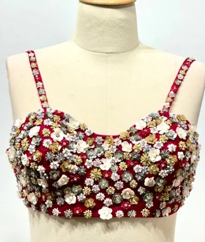 Metallic hues hand embroidered sleeveless blouse