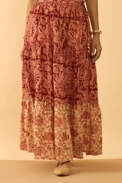 Dark Red Printed Kalamkari Pure Cotton Ethnic Skirt