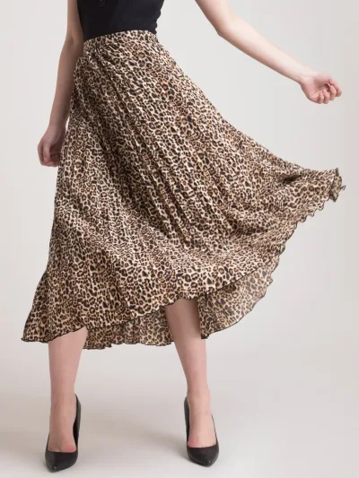 Pleated Flared Animal Print Midi Skirt Brown