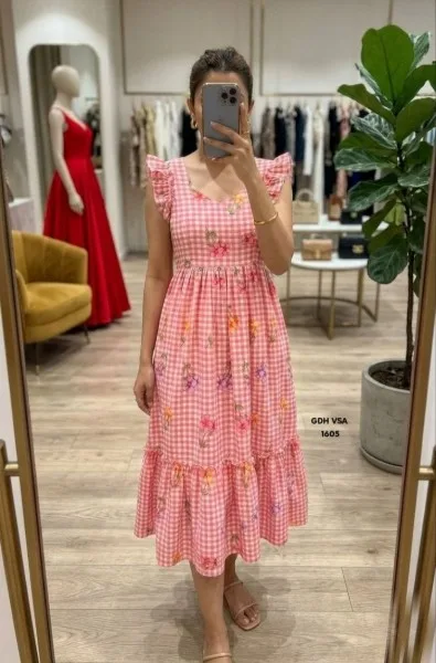 Gingham Floral Cotton Maxi dress - Pink