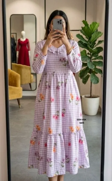 Gingham Floral Cotton Maxi dress - Lavender