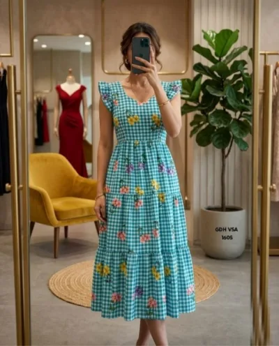 Gingham Floral Cotton Maxi dress - Blue
