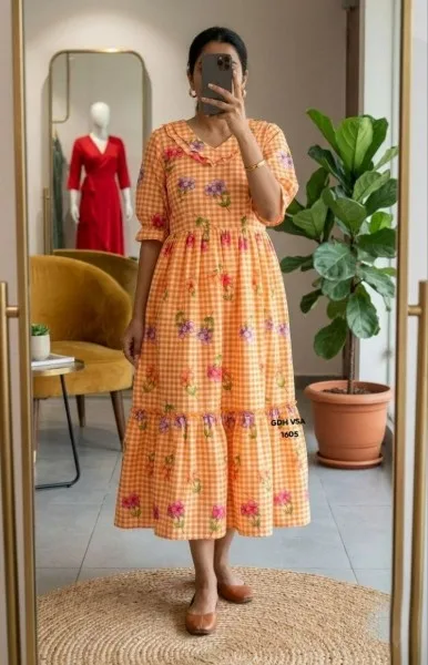Gingham Floral Cotton Maxi dress - Orange