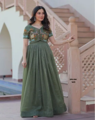 Olive Green Designer Koti Cotton Gown