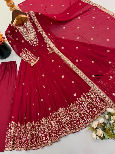 Pearl White Heavy Embroidered Sequence Georgette Anarkali Gown Set