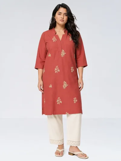 Diza Rust Floral Butta Embroidered A-Line Kurta