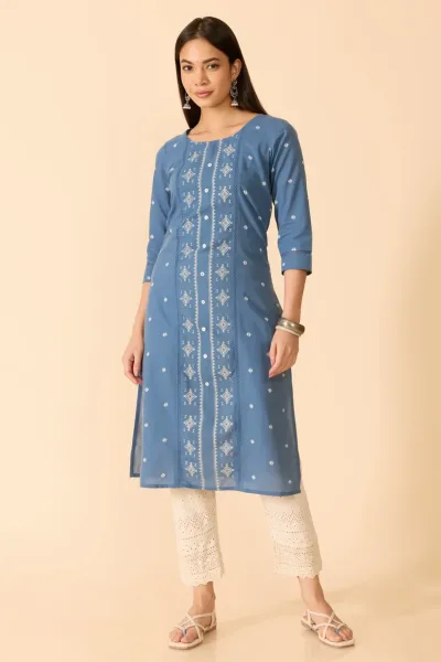 Blue Dobby Cotton Kurta