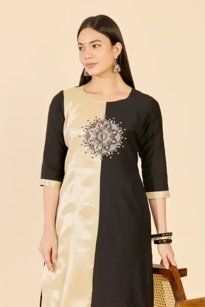 Black & White Color Block Embroidered Kurta
