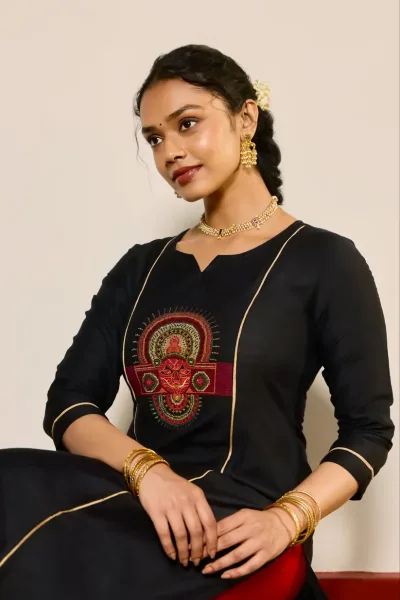 Black Raw Silk Theyyam Embroidered Kurta