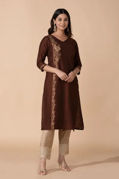 Brown Peacock Printed Straight Kurta