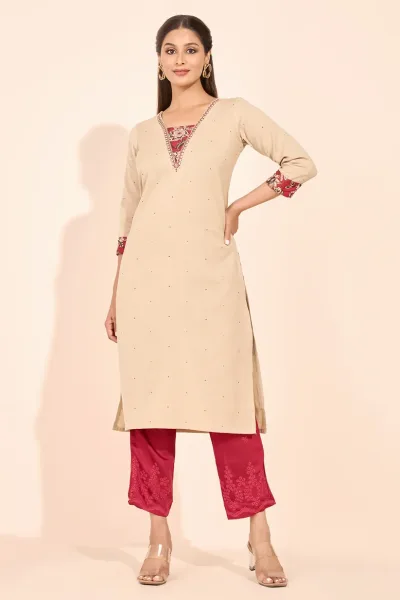 Floral Block Printed Yoke Patchwork Kurta - Beige