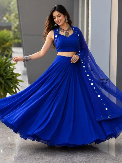 Royal Blue Mirror Work Cotton Lehenga Choli Set