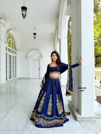 Royal Blue Embroidered Chinon Designer Lehenga Choli Set