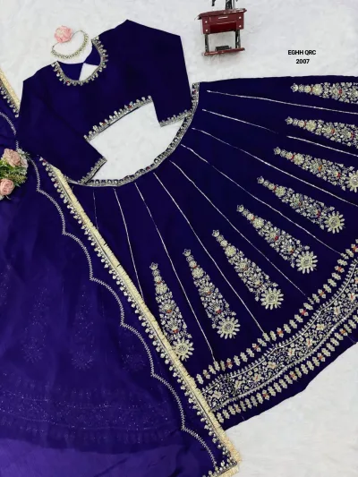 Royal Blue Embroidered Chinon Designer Lehenga Choli Set
