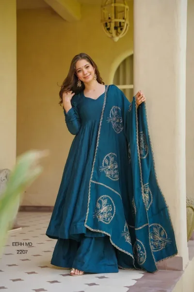 Elegant Embroidered Vichitra Silk Designer Anarkali Salwar Set