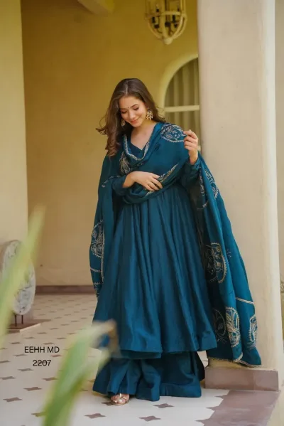 Elegant Embroidered Vichitra Silk Designer Anarkali Salwar Set