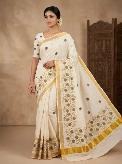 Temple Border Cotton Saree – Cream & Gold