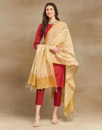 Brown Cotton Silk Blend Hand Block Printed