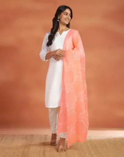 Orange Cotton Silk Blend Chikankari Dupatta