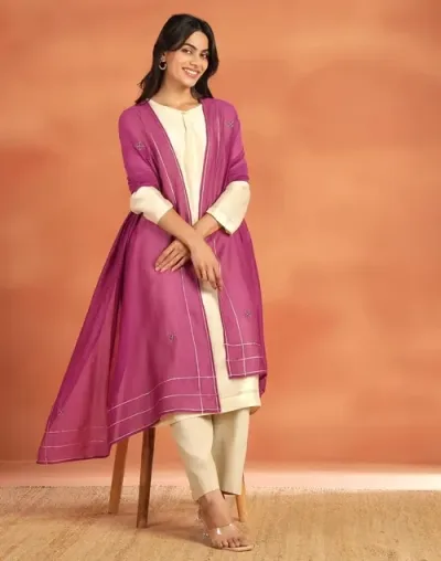 Purple Cotton Silk Embroidered Dupatta