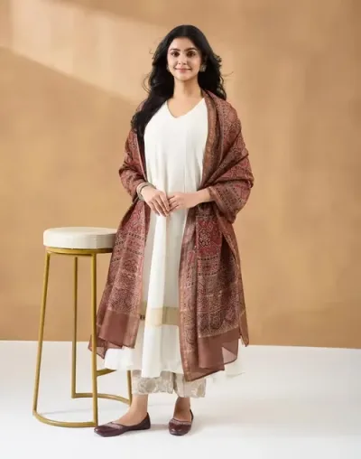 Red Cotton Silk Blend Ajrakh Dupatta