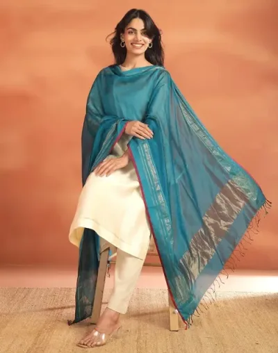 Turquoise Cotton Silk Blend Maheshwari
