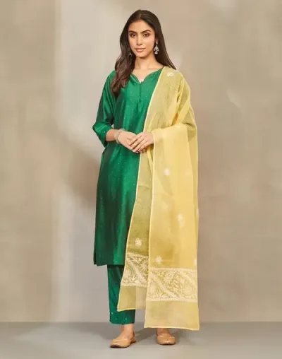 Yellow Cotton Silk Blend Chikankari Dupatta White border