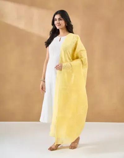 Yellow Cotton Silk Blend Chikankari Dupatta