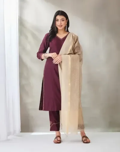 Beige Silk Blend Hand Block Printed Dupatta