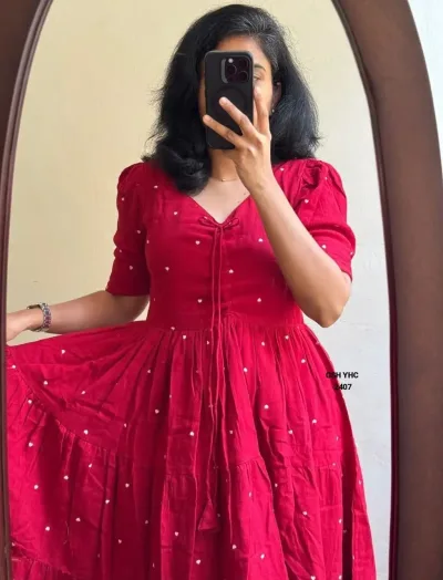 Premium Chanderi Cotton Heart Embroidered Maxi Dress