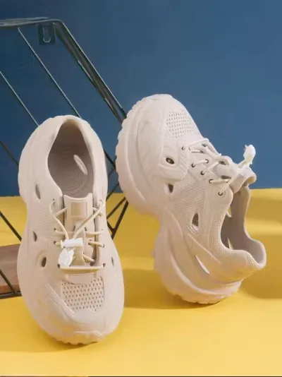 Beige Textured Lace-Up Casual Sneakers
