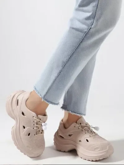 Beige Textured Lace-Up Casual Sneakers