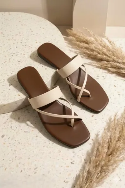 Cream One-Toe Cross Strap Comfort Flats