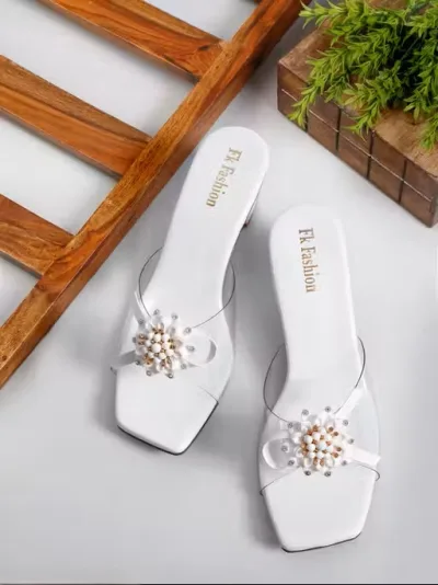 White Transparent Bow Block Heel Mules