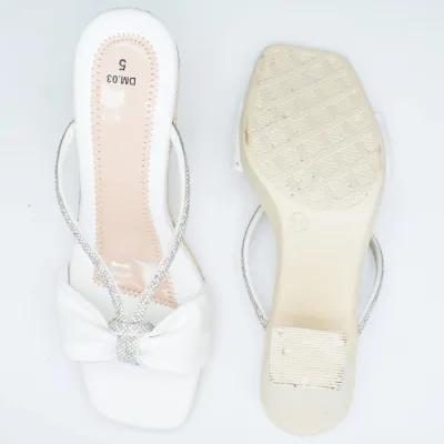 White Rhinestone Bow Wedge Heel Mules